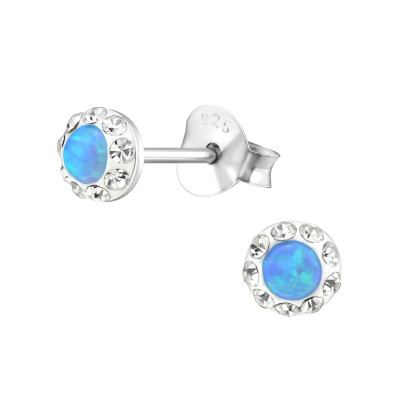 Silver Round Ear Studs with Crystal and Opal