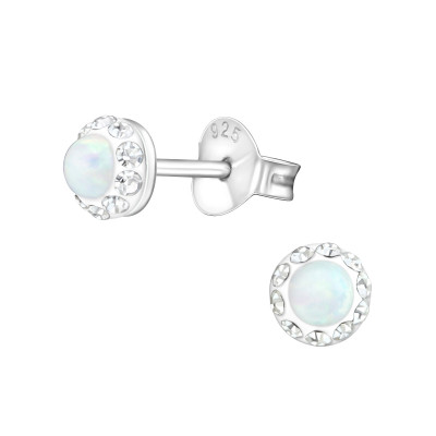 Round Sterling Silver Ear Studs with Crystal and Opal