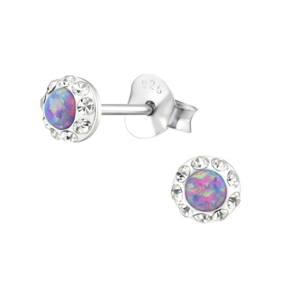 Silver Round Ear Studs with Crystal and Opal