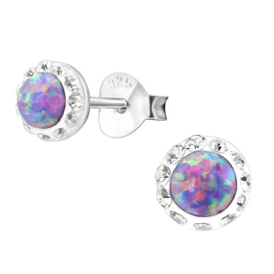 Silver Round Ear Studs with Crystal and Opal