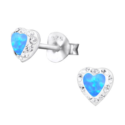 Silver Heart Ear Studs with Crystal and Opal