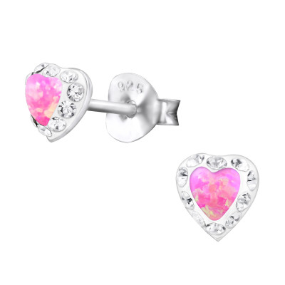 Silver Heart Ear Studs with Crystal and Opal