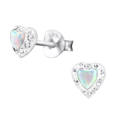 Silver Heart Ear Studs with Crystal and Opal