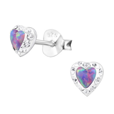 Silver Heart Ear Studs with Crystal and Opal