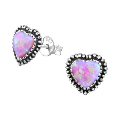 Silver Heart Ear Studs with Opal