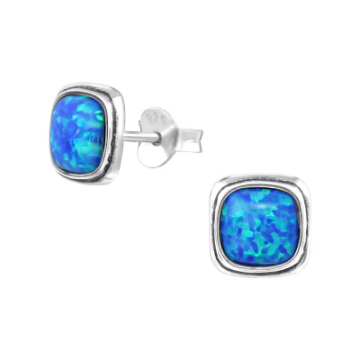 Silver Square Ear Studs with Opal