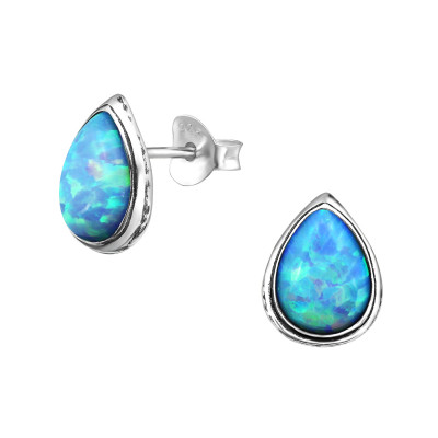 Silver Pear Ear Studs with Opal