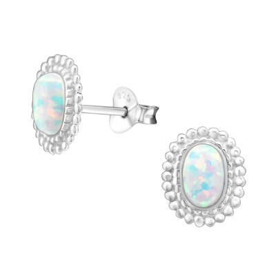 Oval Sterling Silver Ear Studs with Opal