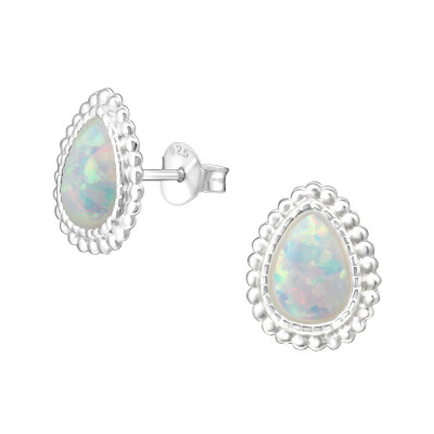 Drop Sterling Silver Ear Studs with Opal