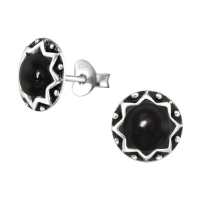 Round Sterling Silver Ear Studs with Semi Precious