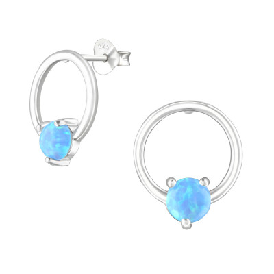 Silver Circle Ear Studs with Synthetic Opal