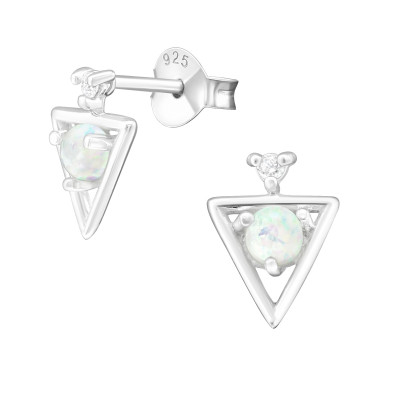 Silver Triangle Ear Studs with Cubic Zirconia and Opal