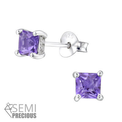 Square Sterling Silver Ear Studs with Semi Precious