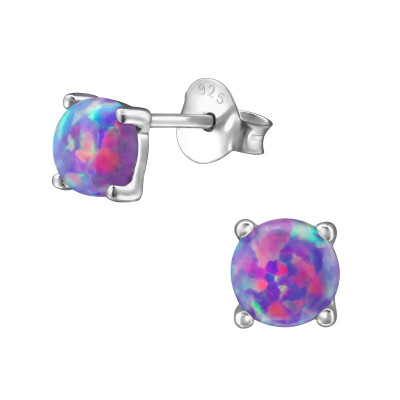 Round Sterling Silver Ear Studs with Opal
