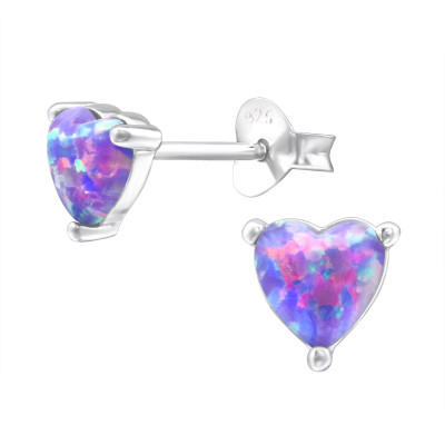 Silver Heart Ear Studs with Opal