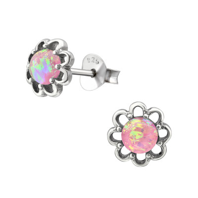 Silver Flower Ear Studs with Synthetic Opal