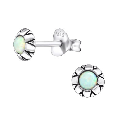 Silver Round Ear Studs with Opal