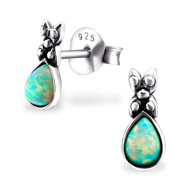 Pear Sterling Silver Ear Studs with Opal