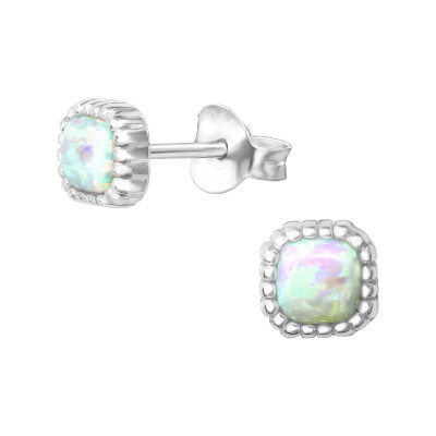 Silver Square Ear Studs with Opal