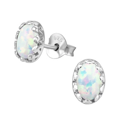 Silver Oval Ear Studs with Opal