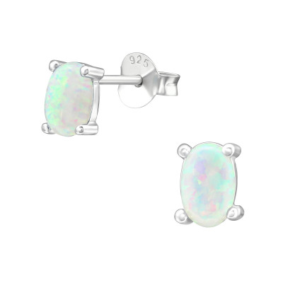 Silver Oval Ear Studs with Opal