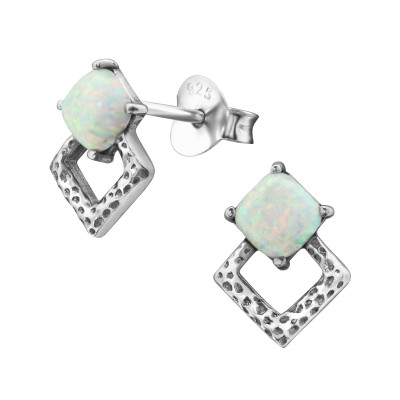 Square Sterling Silver Ear Studs with Opal