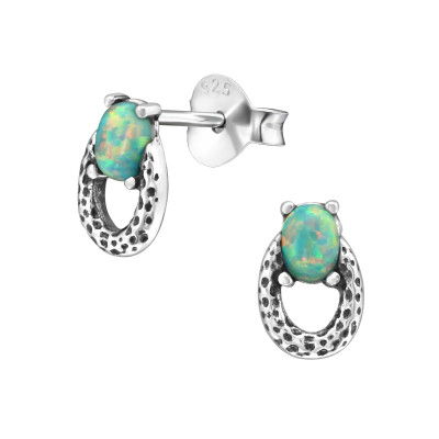 Silver Oval Ear Studs with Opal