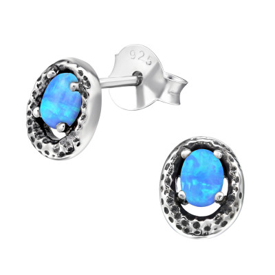 Silver Oval Ear Studs with Opal