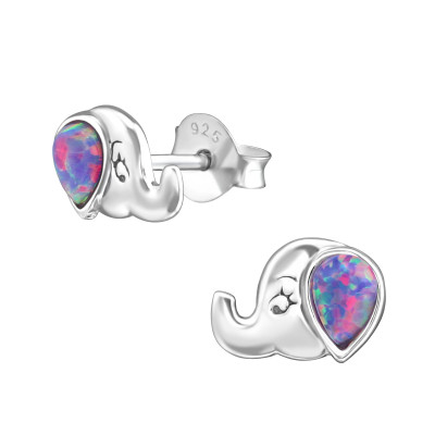 Elephant Sterling Silver Ear Studs with Opal