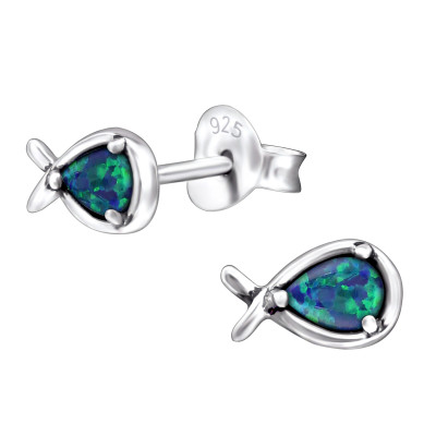 Fish Sterling Silver Ear Studs with Opal