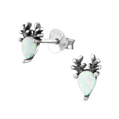 Deer Sterling Silver Ear Studs with Opal