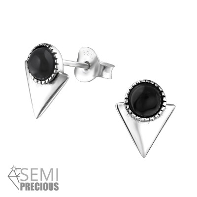 Silver Triangle Ear Studs with Semi Precious