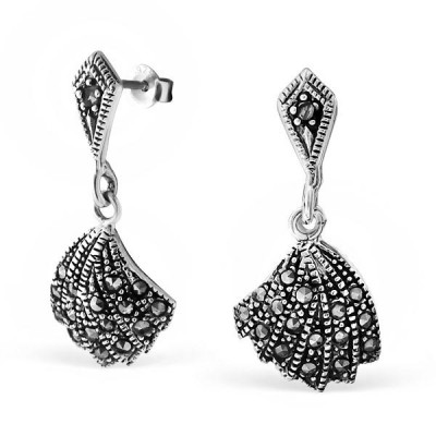 Marcasite Strip Sterling Silver Ear Studs with Natural Stones