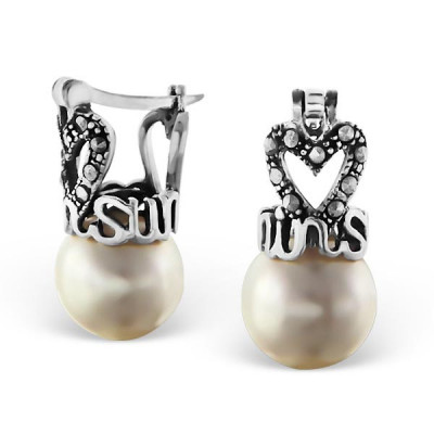 Marcasite Heart Sterling Silver Ear Studs with Pearl and Natural Stones