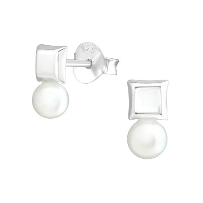 Silver Geometric Ear Studs with Synthetic Pearl