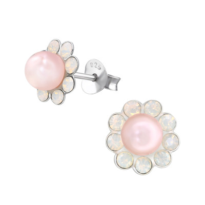 Silver Flower Ear Studs with Snythetic Pearl and Crystal