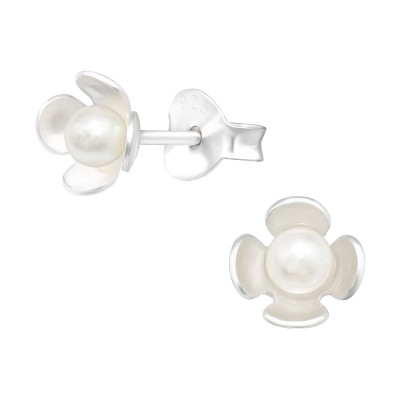 Silver Flower Ear Studs with Synthetic Pearl