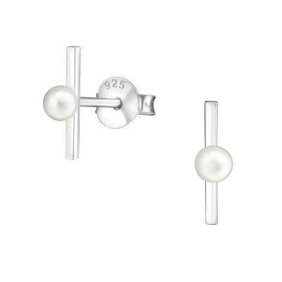 Silver Bar Ear Studs with Synthetic Pearl