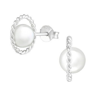 Silver Twisted Ear Studs with Synthetic Pearl