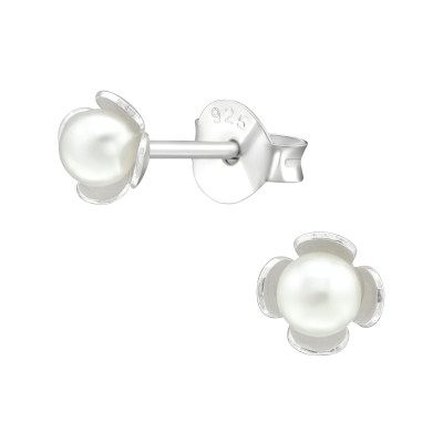 Silver Flower Ear Studs with Synthetic Pearl