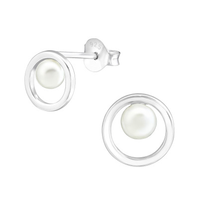 Silver Circle Ear Studs with Synthetic Pearl