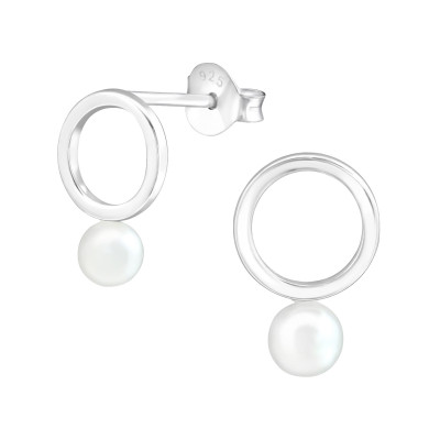 Silver Circle Ear Studs with Synthetic Pearl