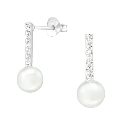 Silver Geometric Ear Studs with Synthetic Pearl and Crystal