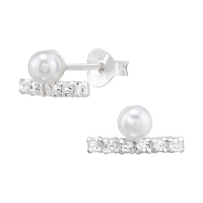 Bar Sterling Silver Ear Studs with Synthetic Pearl and Crystal