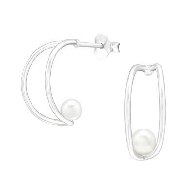 Silver Half Hoop Ear Studs with Synthetic Pearl