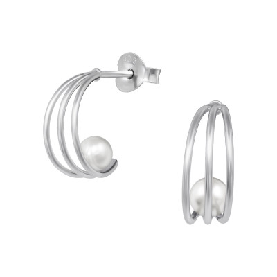 Silver Half Hoop Ear Studs with Synthetic Pearl