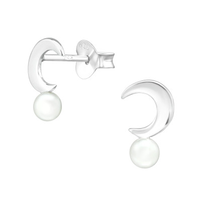 Silver Moon Ear Studs with Synthetic Pearl