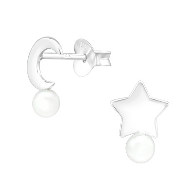 Silver Moon & star Ear Studs with Synthetic Pearl