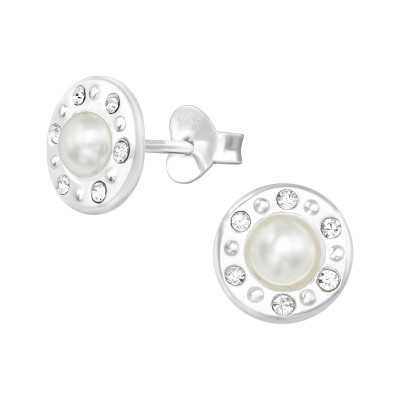 Silver Round Ear Studs with Pearl and Crystal