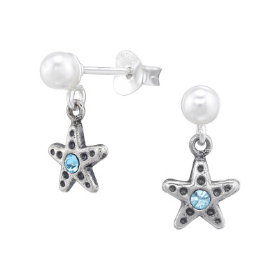 Starfish Sterling Silver Ear Studs with Synthetic Pearl and Crystal